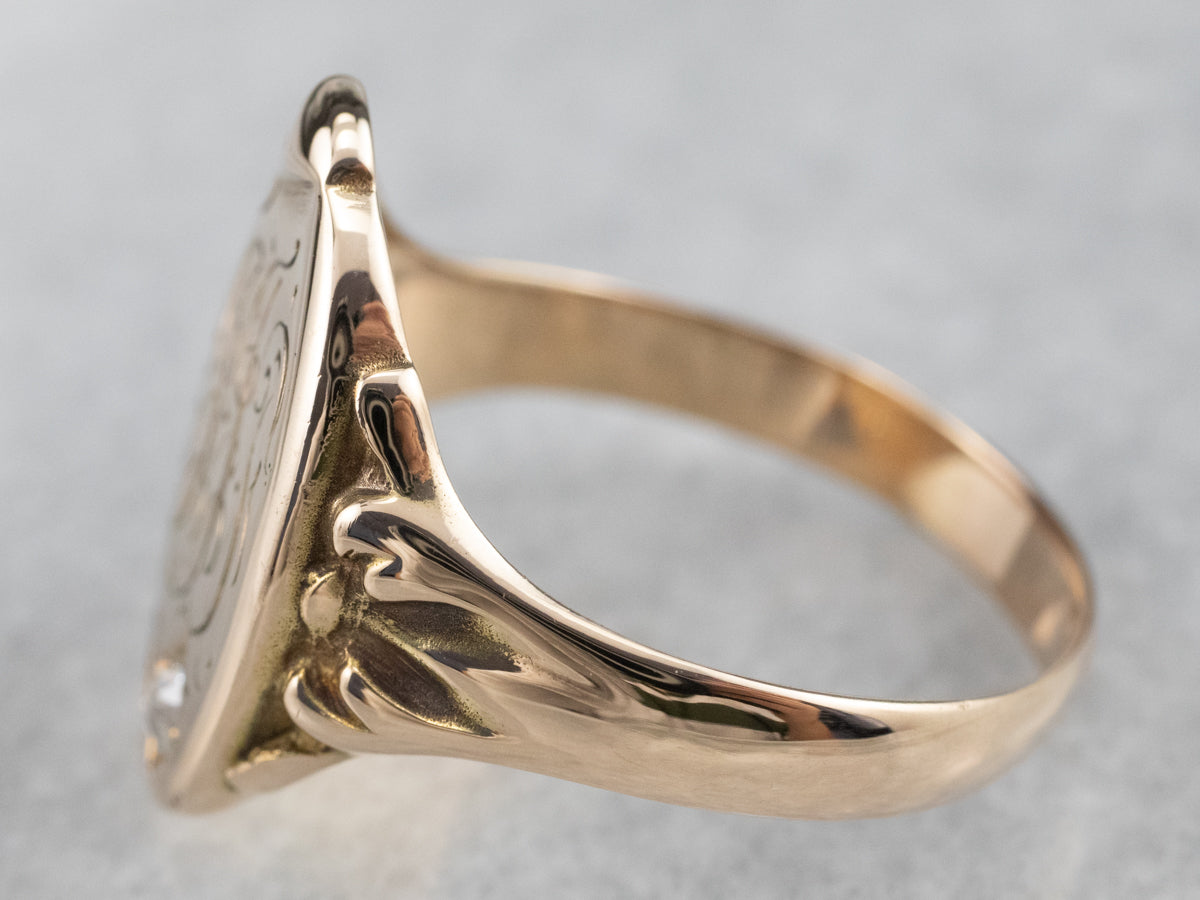 Unisex Victorian Gold and Diamond "JJT" Monogramed Signet Ring