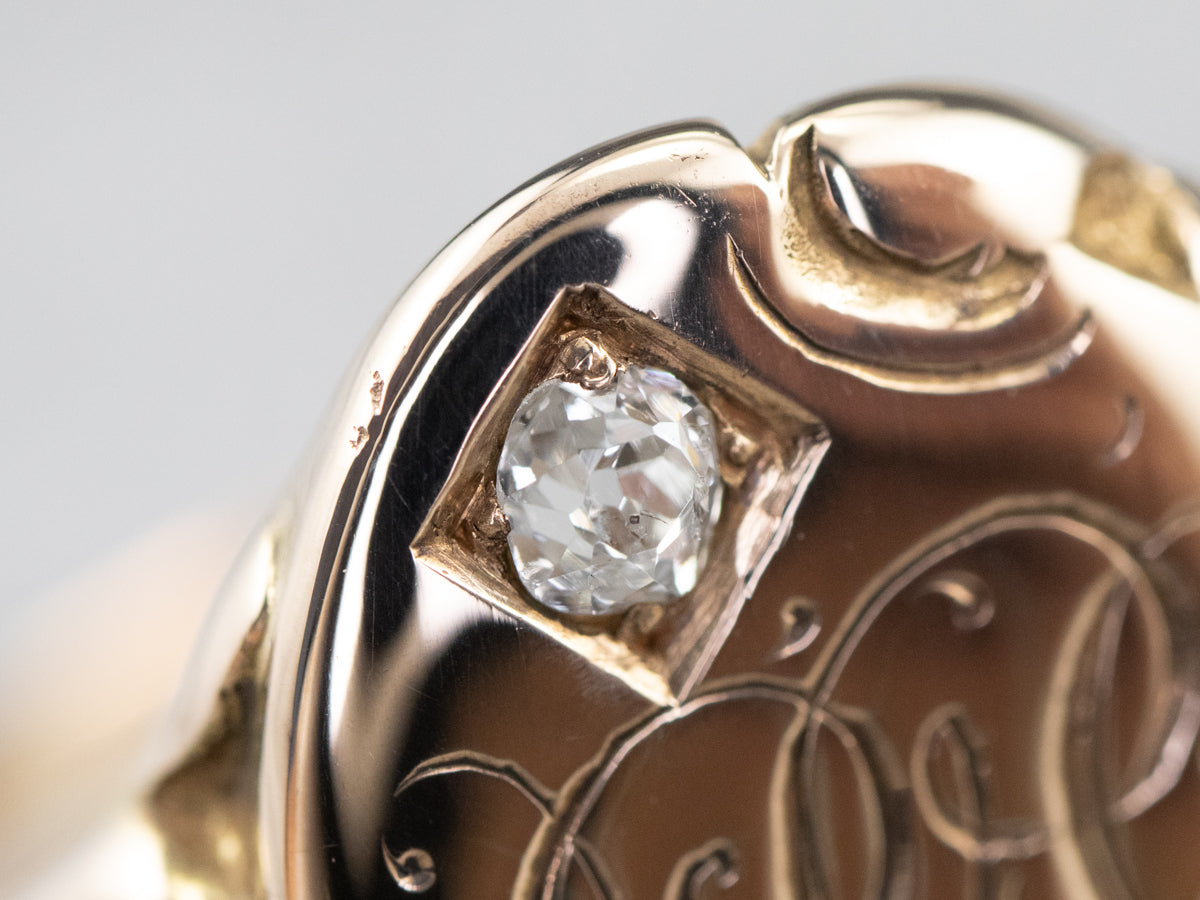 Unisex Victorian Gold and Diamond "JJT" Monogramed Signet Ring