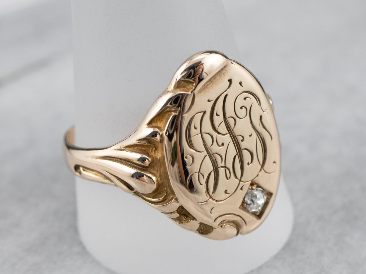 Unisex Victorian Gold and Diamond "JJT" Monogramed Signet Ring