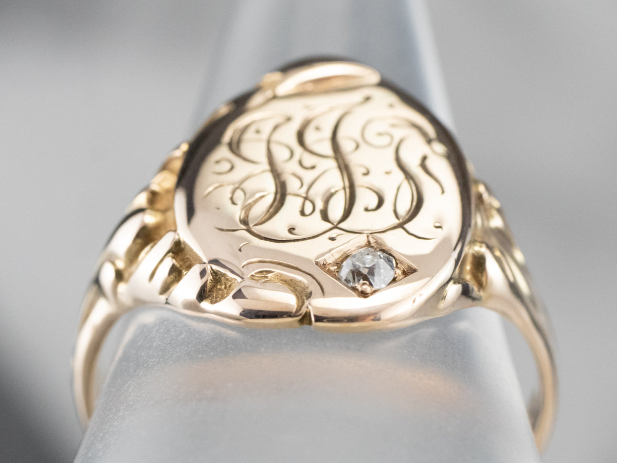 Unisex Victorian Gold and Diamond "JJT" Monogramed Signet Ring