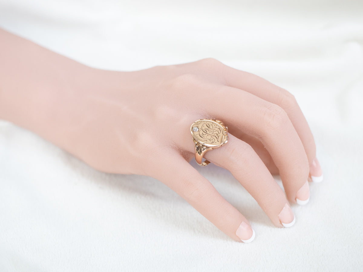Unisex Victorian Gold and Diamond "JJT" Monogramed Signet Ring