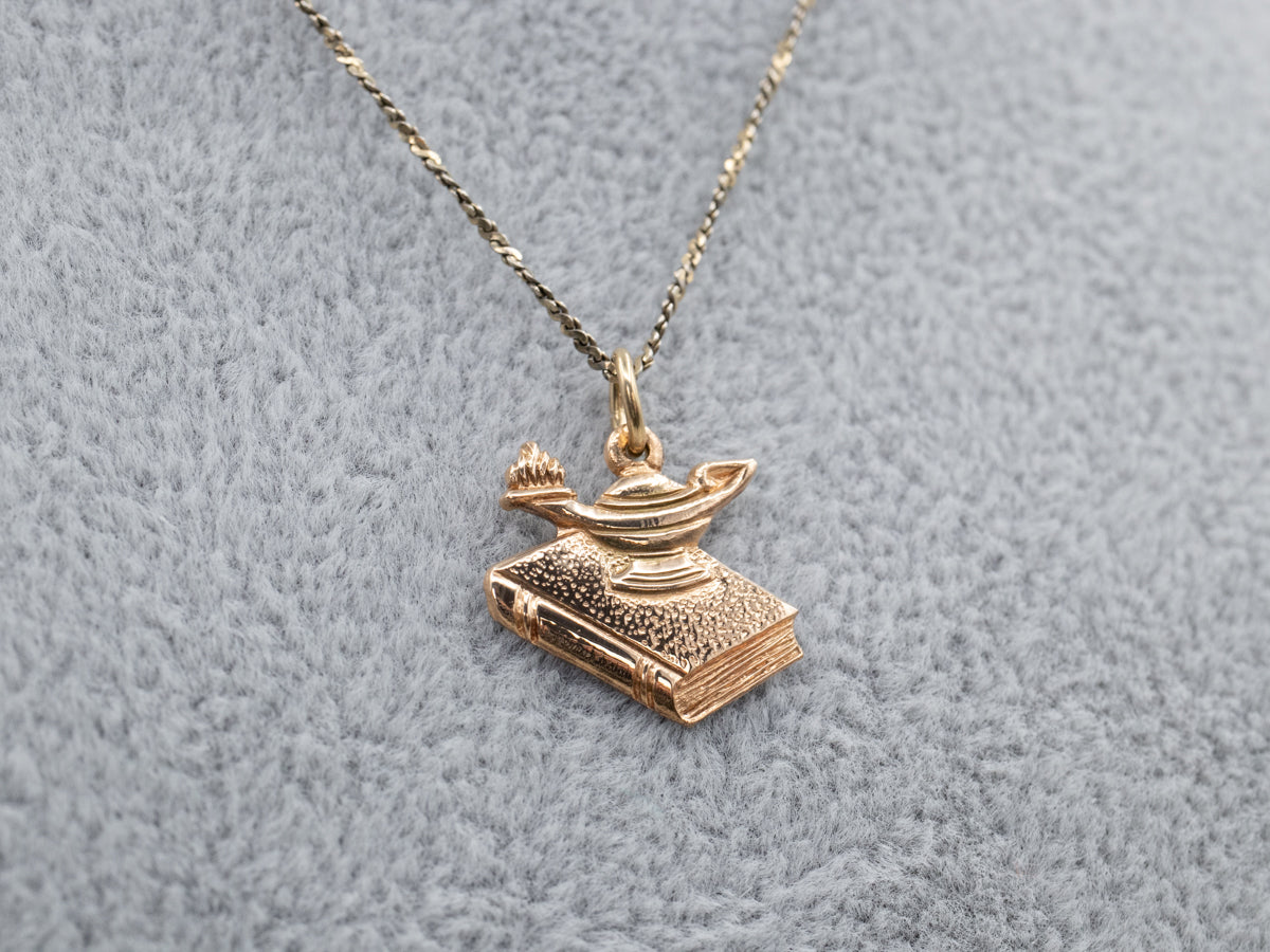 Vintage Oil Lamp and Book Charm Pendant