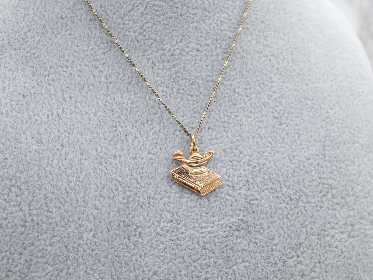 Vintage Oil Lamp and Book Charm Pendant