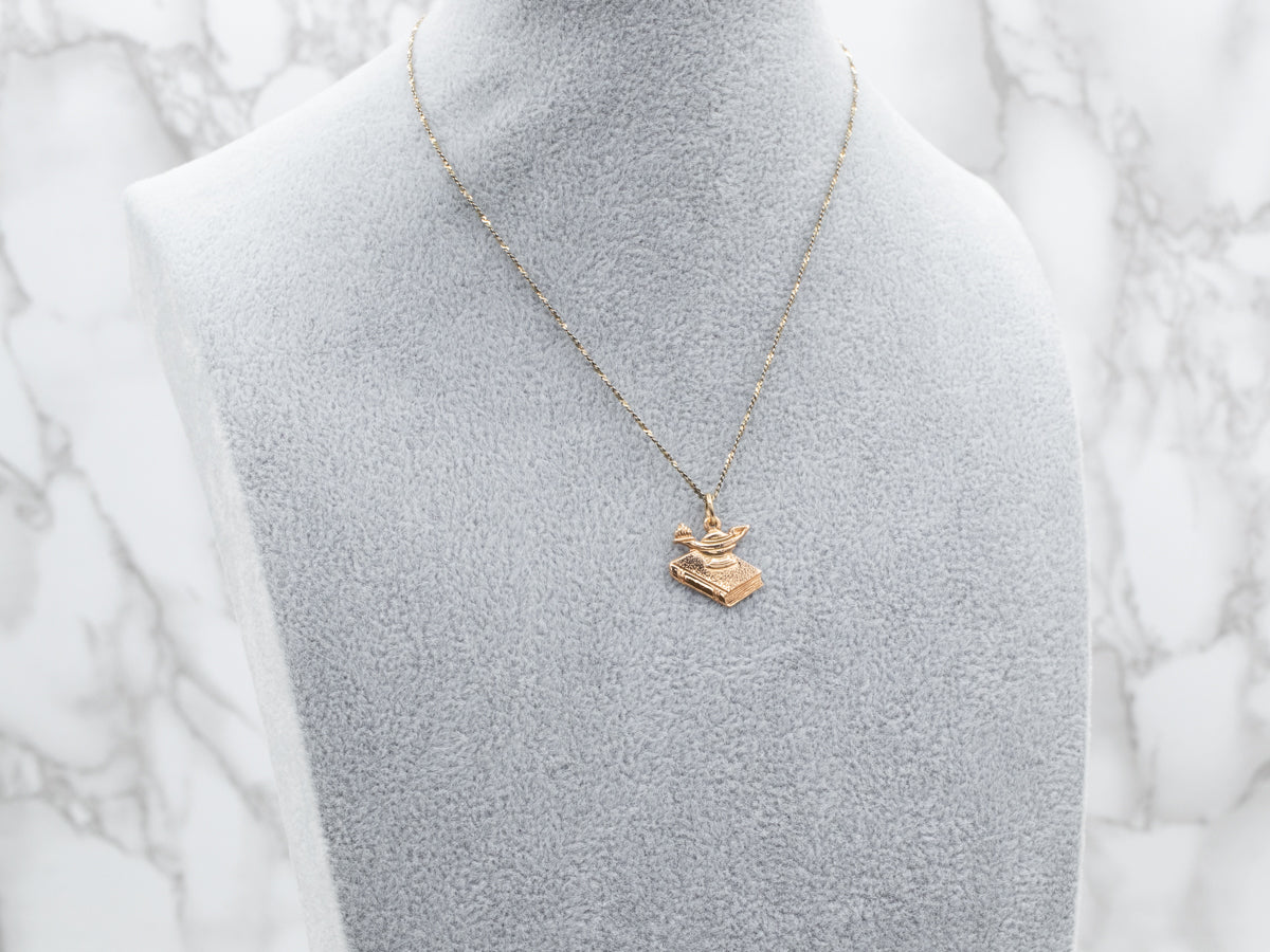 Vintage Oil Lamp and Book Charm Pendant