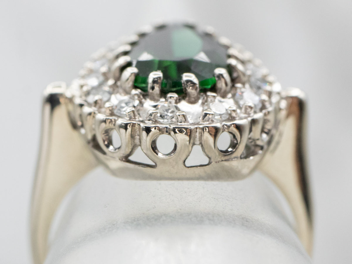 Teardrop Green Tourmaline and Diamond Halo Ring
