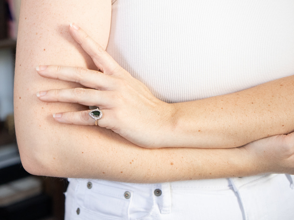 Teardrop Green Tourmaline and Diamond Halo Ring