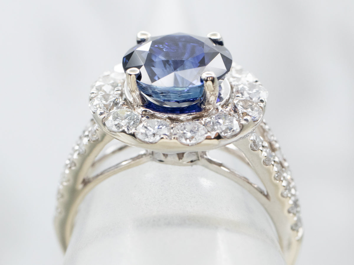 Contemporary Benchmark Quality Sapphire Halo Ring