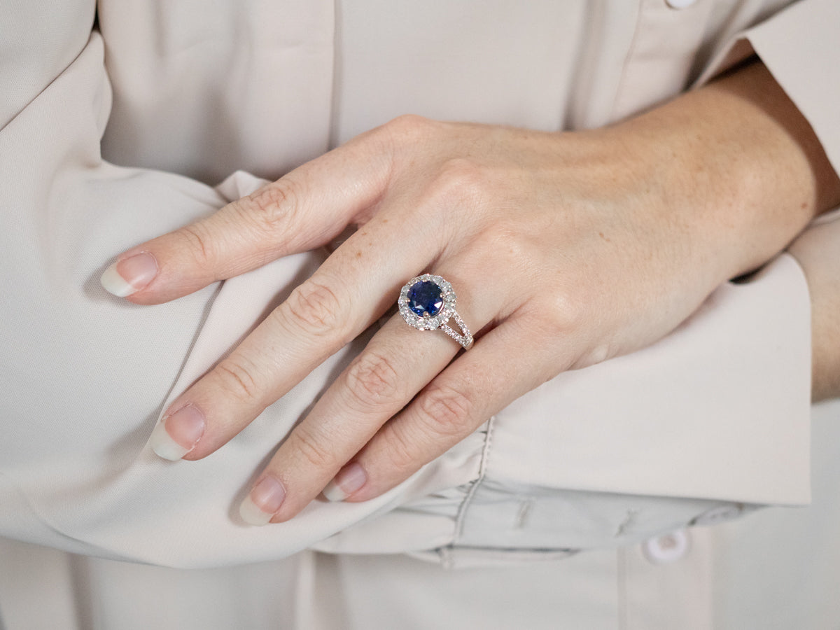 Contemporary Benchmark Quality Sapphire Halo Ring