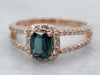 Rose Gold Indicolite Tourmaline and Diamond Halo Ring