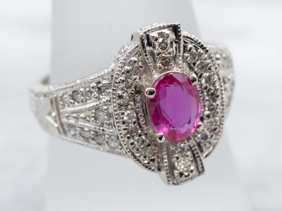 Modern Pink Sapphire and Diamond Halo Ring