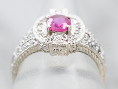 Modern Pink Sapphire and Diamond Halo Ring