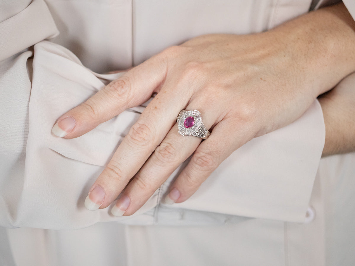 Modern Pink Sapphire and Diamond Halo Ring