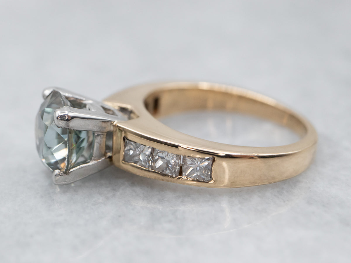 Mixed Metal Blue Zircon and Diamond Ring