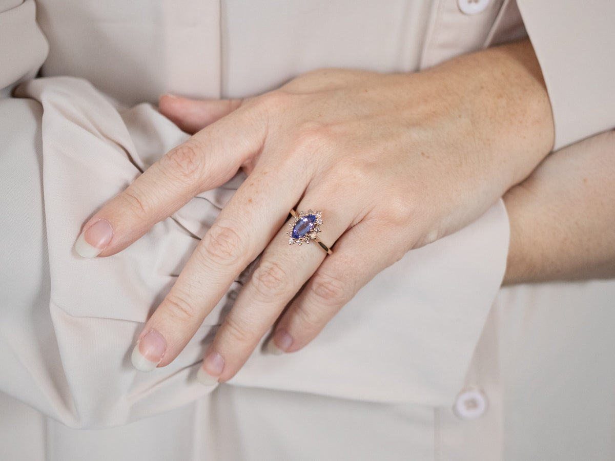 Marquise Tanzanite and Diamond Halo Ring