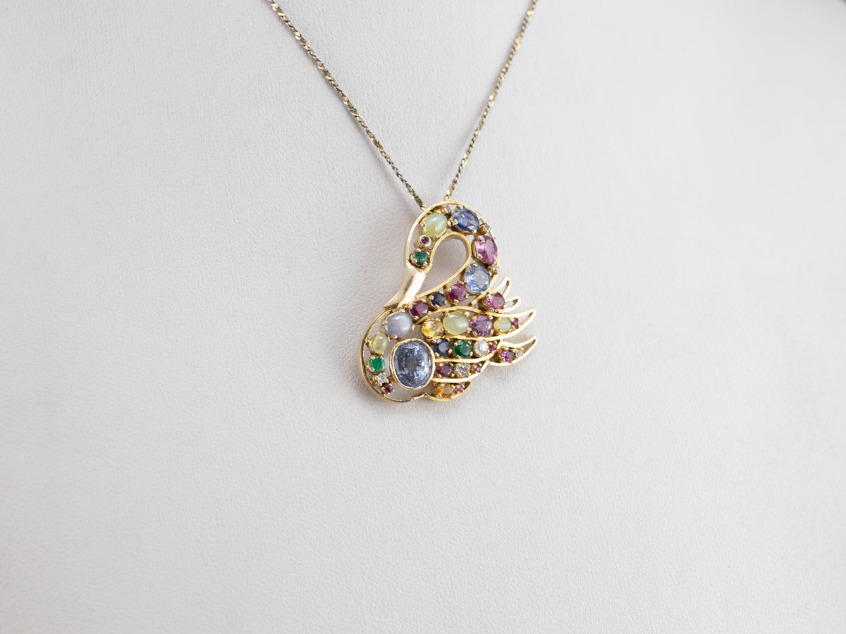 Gemstone Encrusted Gold Swan Pendant