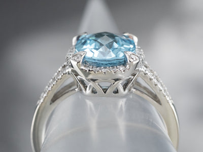 White Gold Blue Topaz Diamond Halo Ring