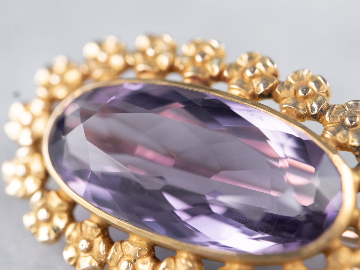 Gold Flower Amethyst Brooch
