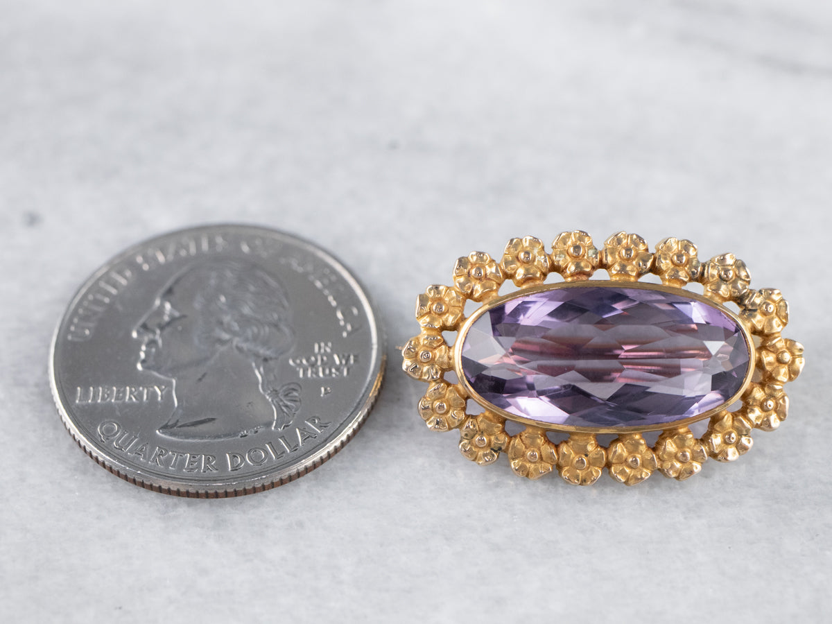 Gold Flower Amethyst Brooch