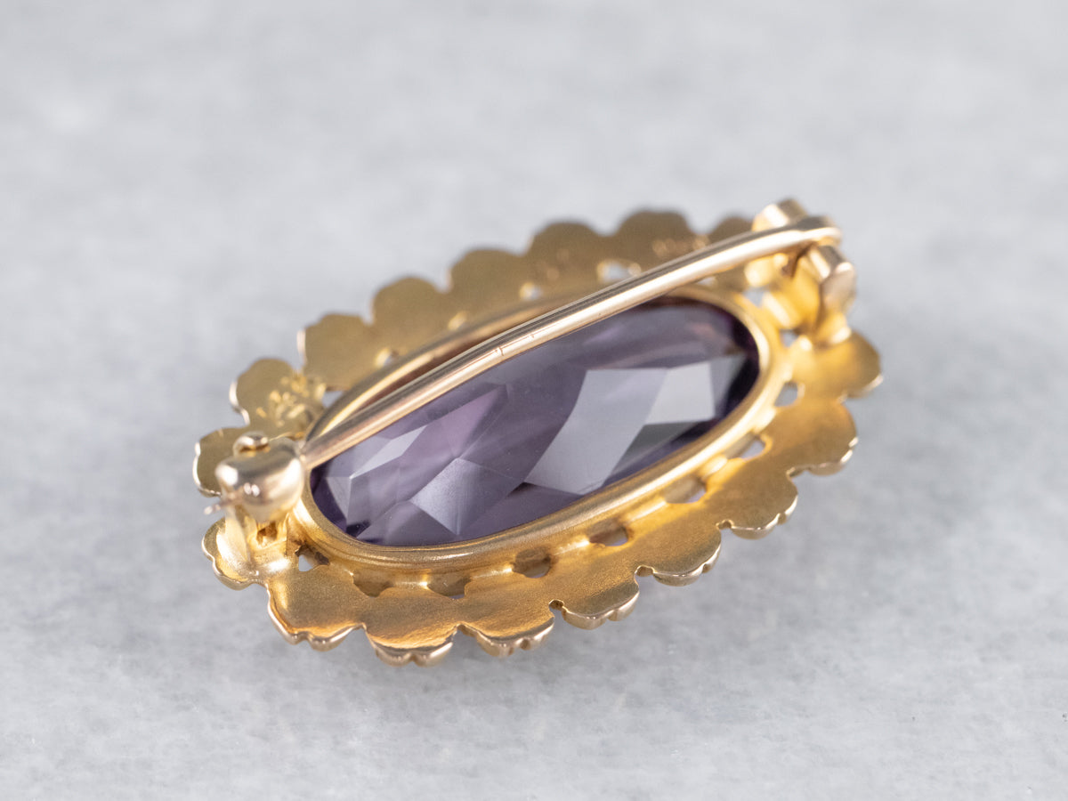 Gold Flower Amethyst Brooch