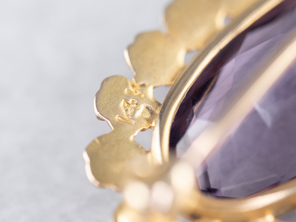 Gold Flower Amethyst Brooch