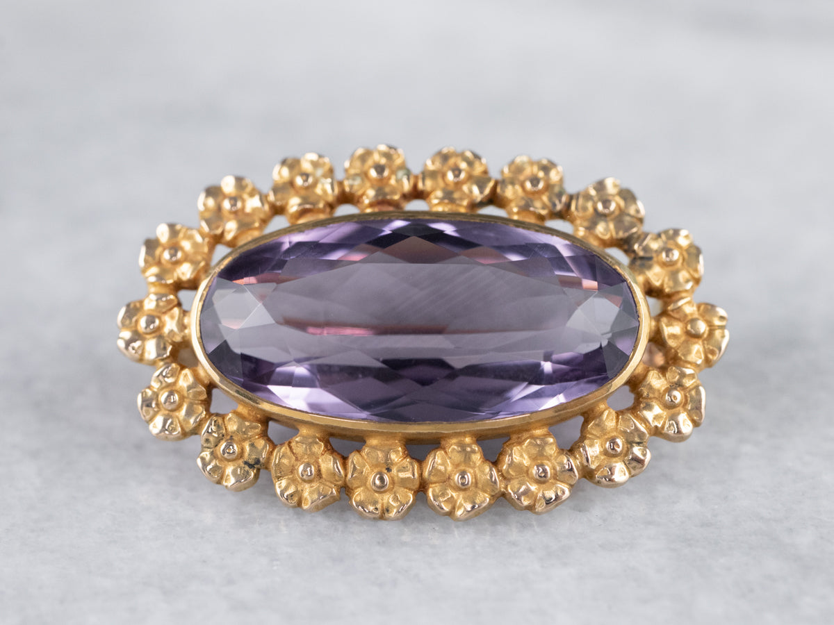 Gold Flower Amethyst Brooch