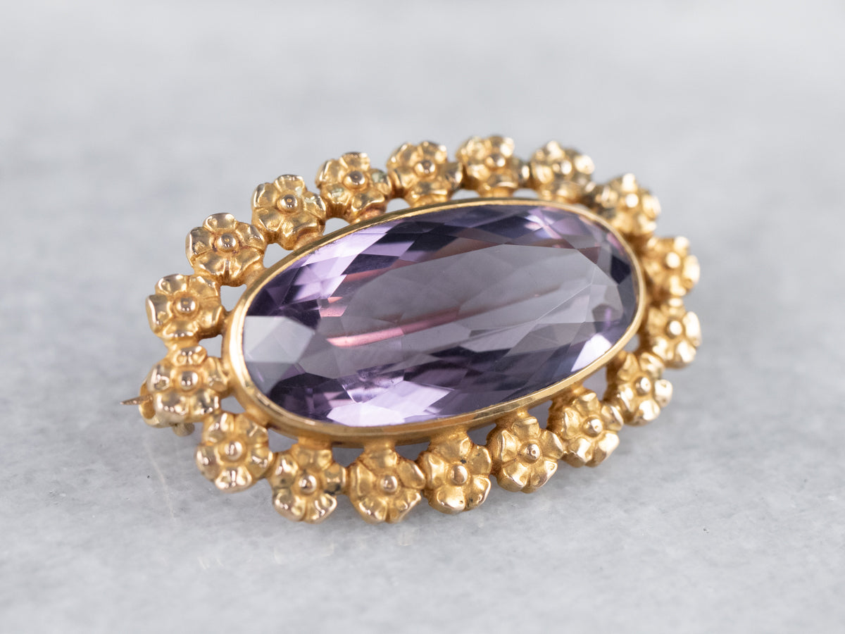 Gold Flower Amethyst Brooch