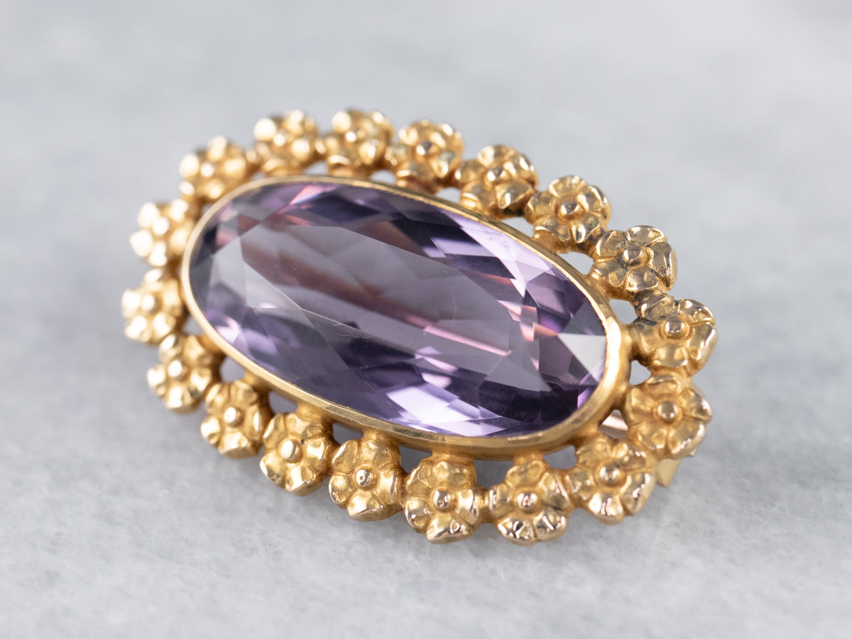 Gold Flower Amethyst Brooch