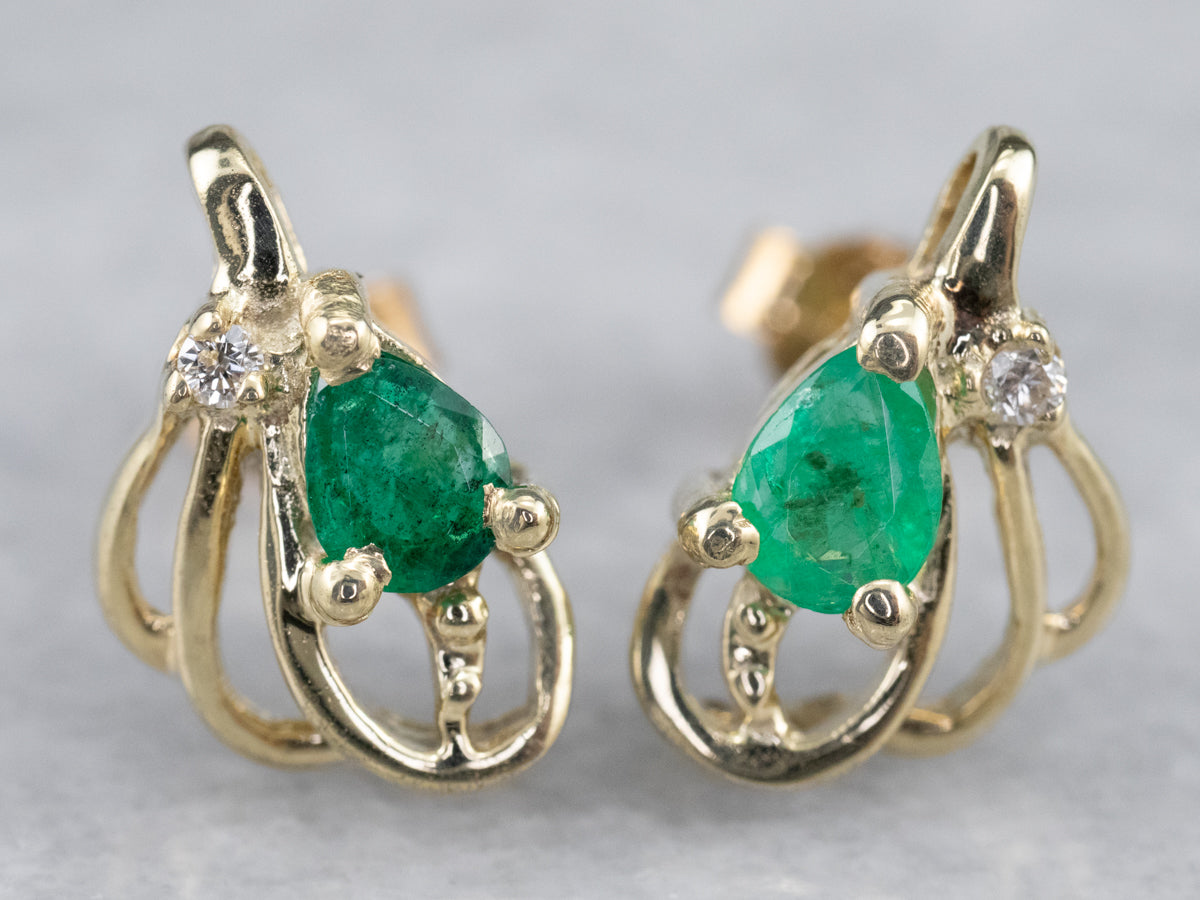 Looping Emerald and Diamond Stud Earrings
