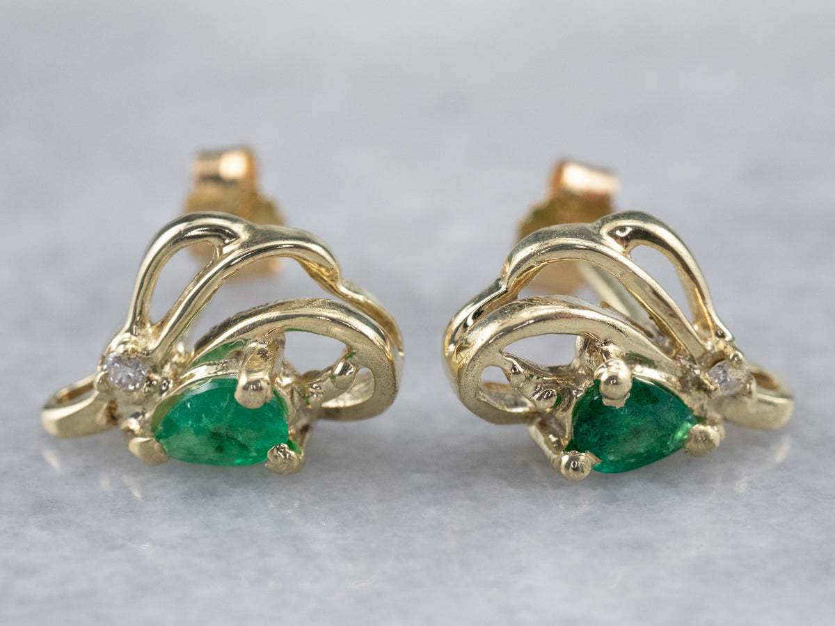 Looping Emerald and Diamond Stud Earrings