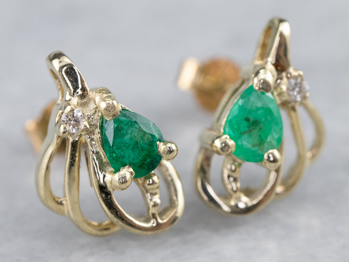 Looping Emerald and Diamond Stud Earrings
