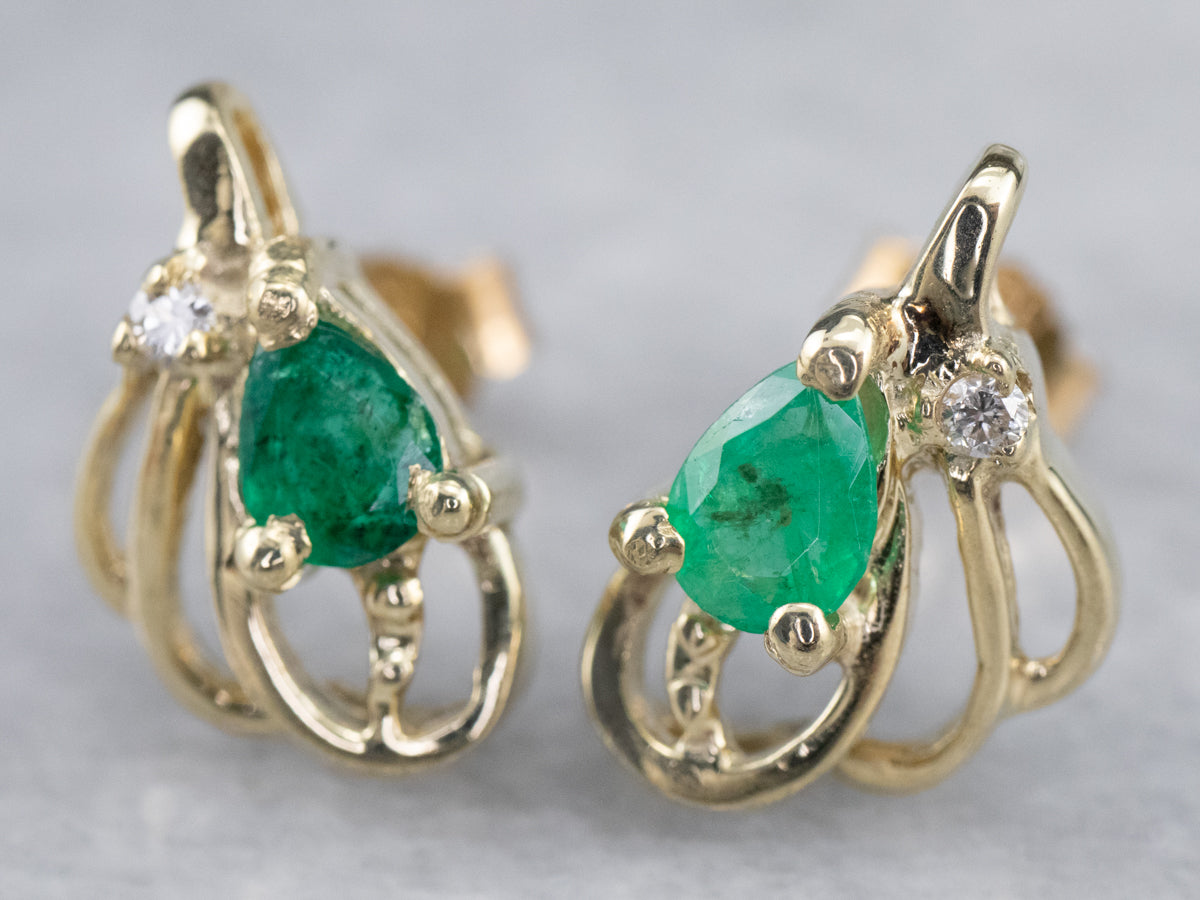 Looping Emerald and Diamond Stud Earrings