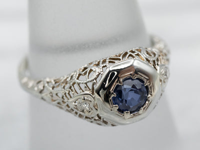 18K White Gold Art Deco Style Blue Sapphire and Diamond Accent Ring
