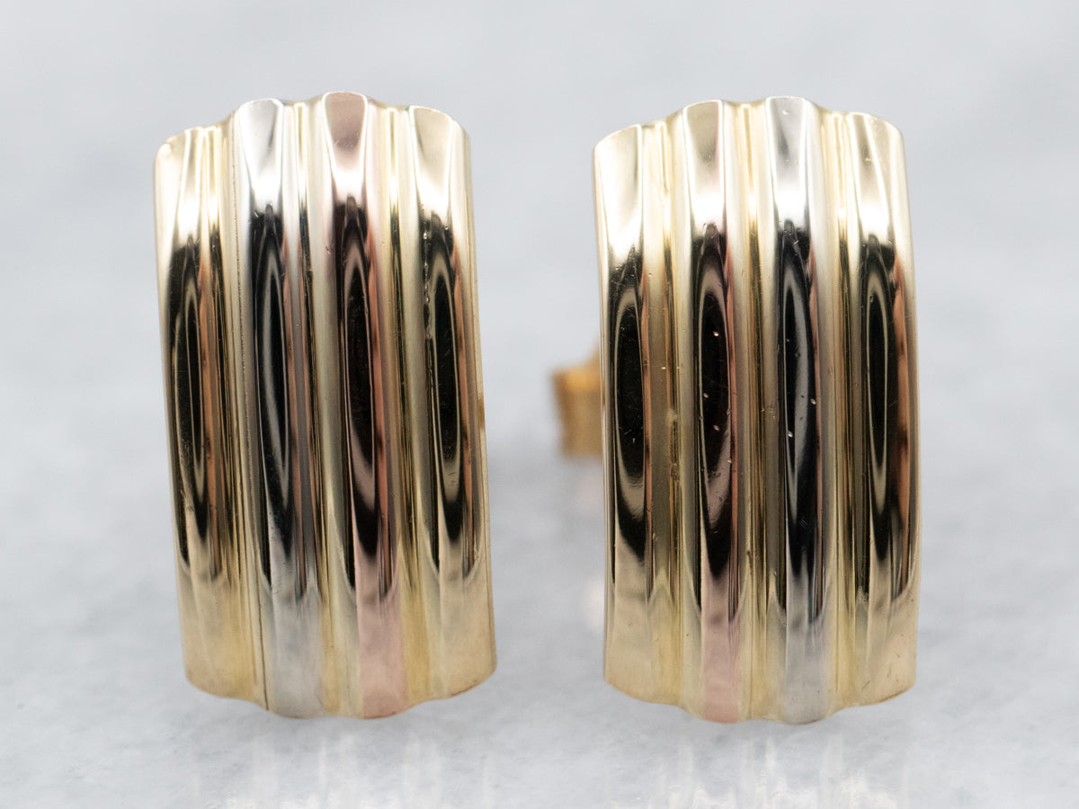 Tricolor 18 Karat Gold Ribbed Stud Earrings