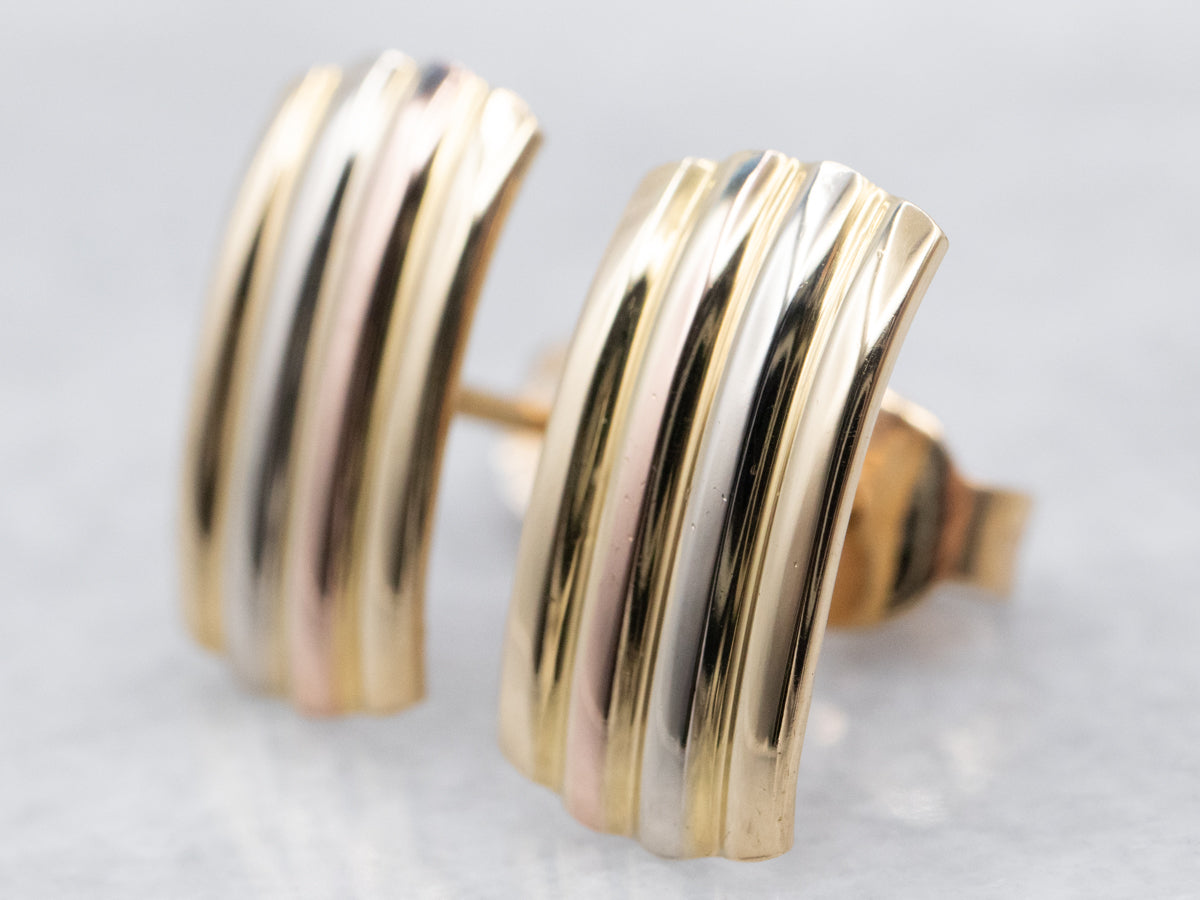 Tricolor 18 Karat Gold Ribbed Stud Earrings