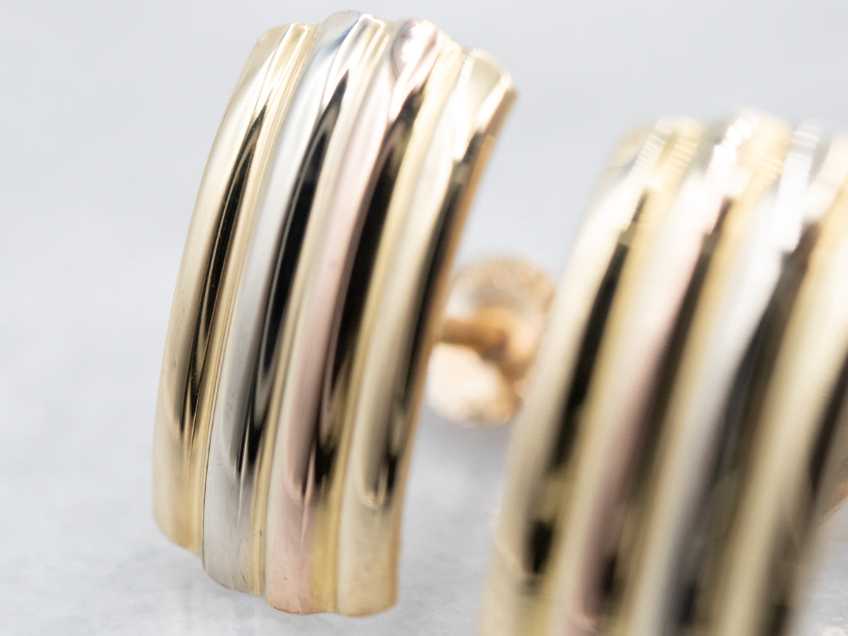 Tricolor 18 Karat Gold Ribbed Stud Earrings