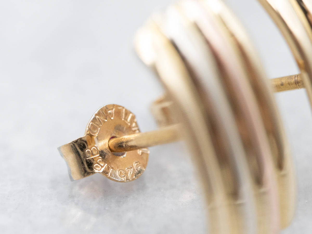 Tricolor 18 Karat Gold Ribbed Stud Earrings