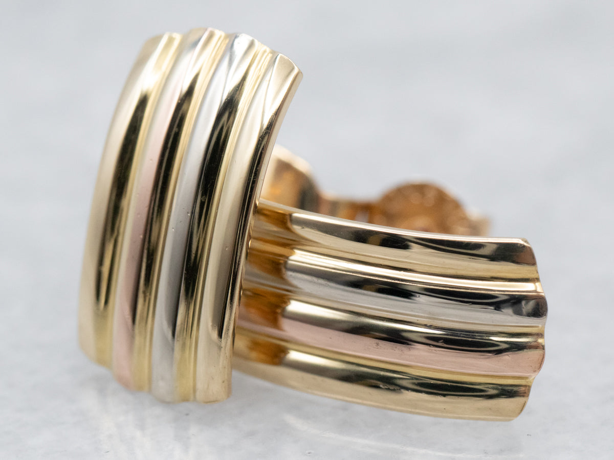 Tricolor 18 Karat Gold Ribbed Stud Earrings