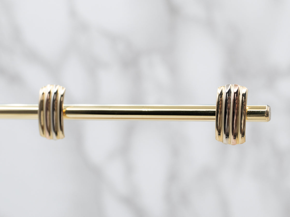 Tricolor 18 Karat Gold Ribbed Stud Earrings