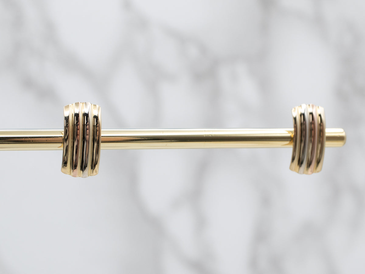 Tricolor 18 Karat Gold Ribbed Stud Earrings