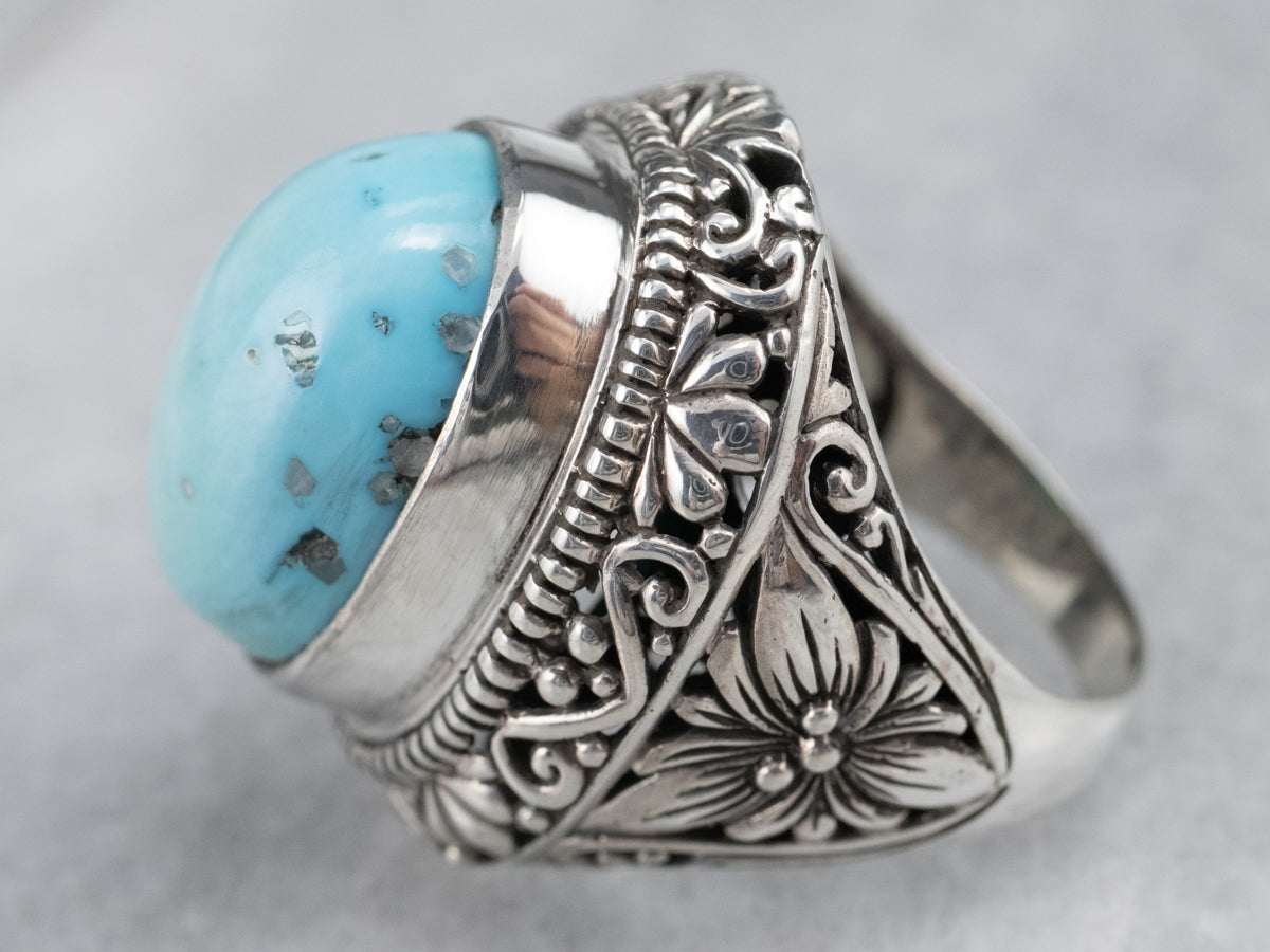 Sterling Silver Floral Turquoise Statement Ring