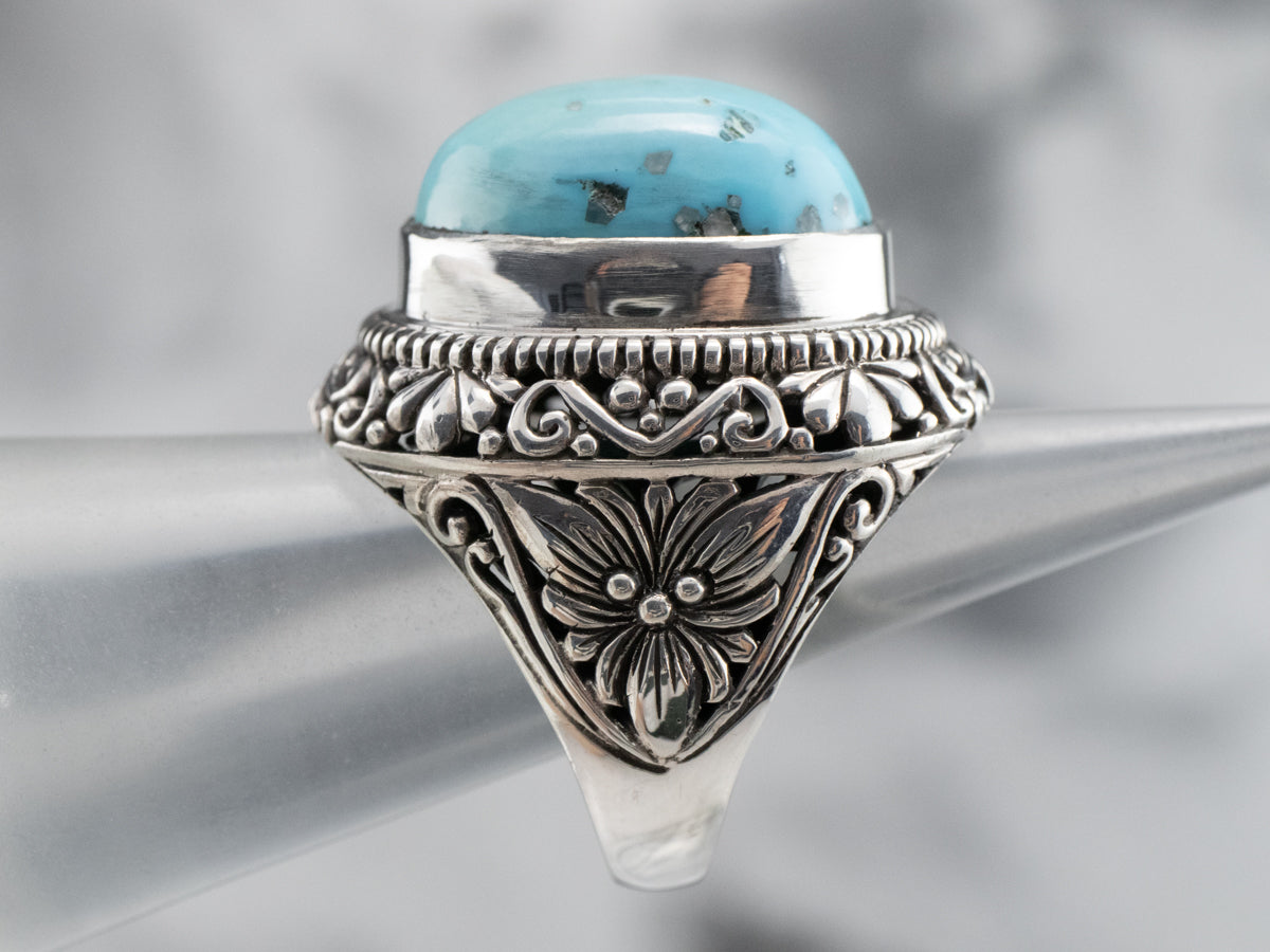 Sterling Silver Floral Turquoise Statement Ring