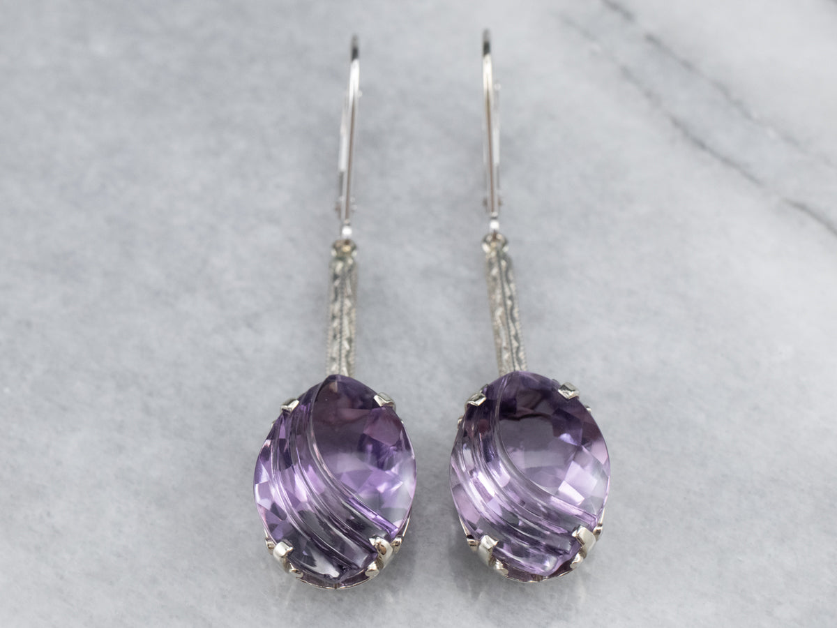 Engraved Bar Drop White Gold Amethyst Earrings