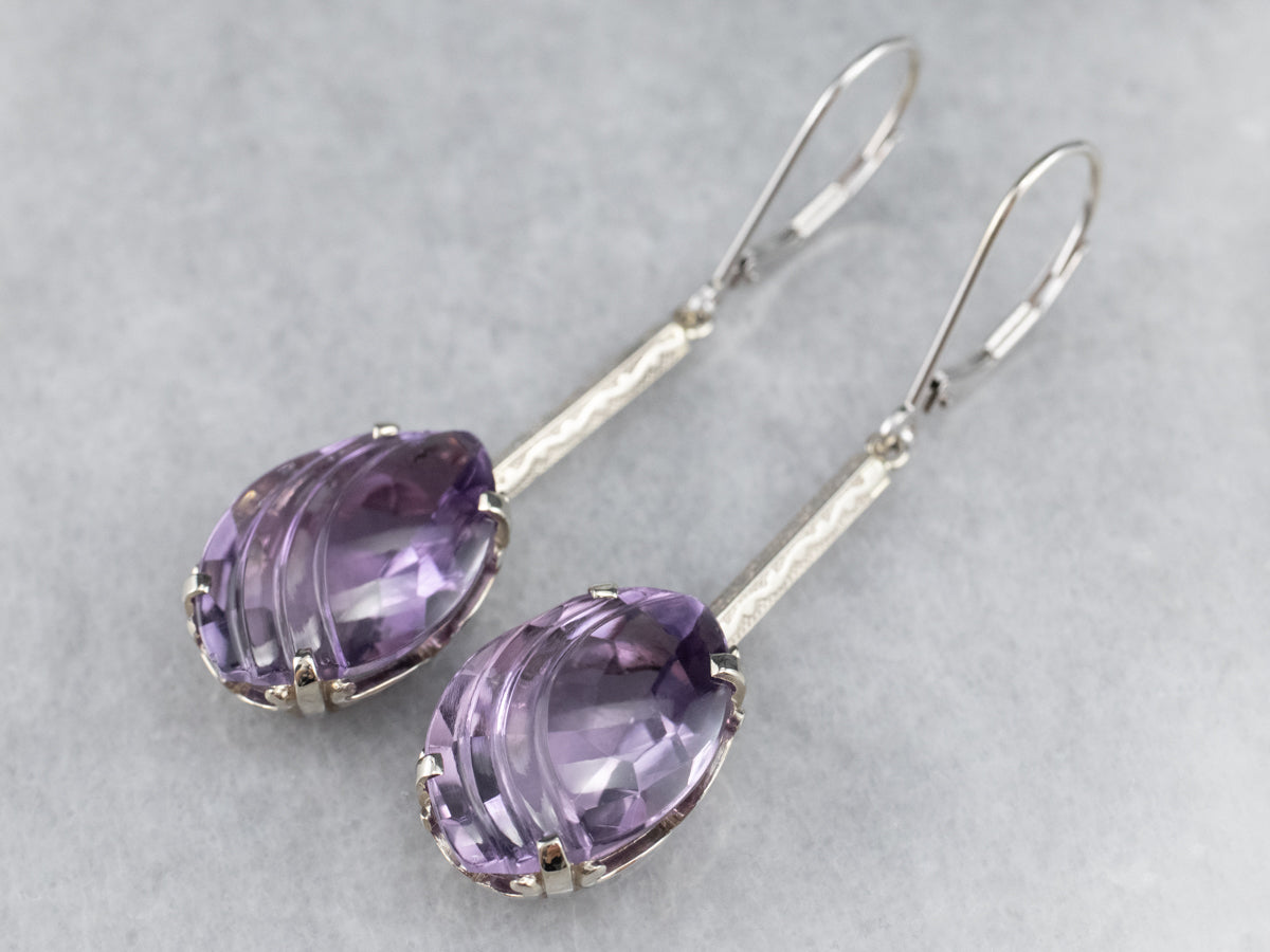 Engraved Bar Drop White Gold Amethyst Earrings