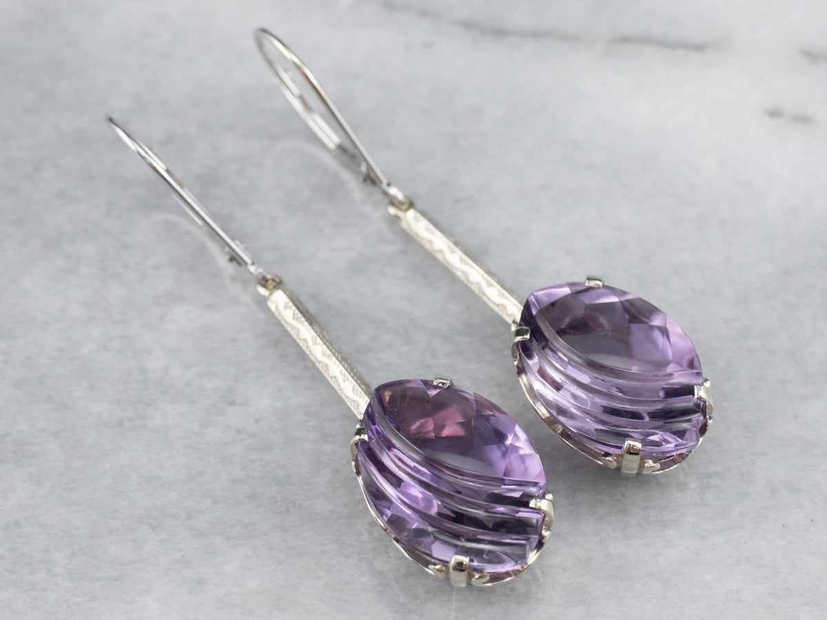 Engraved Bar Drop White Gold Amethyst Earrings
