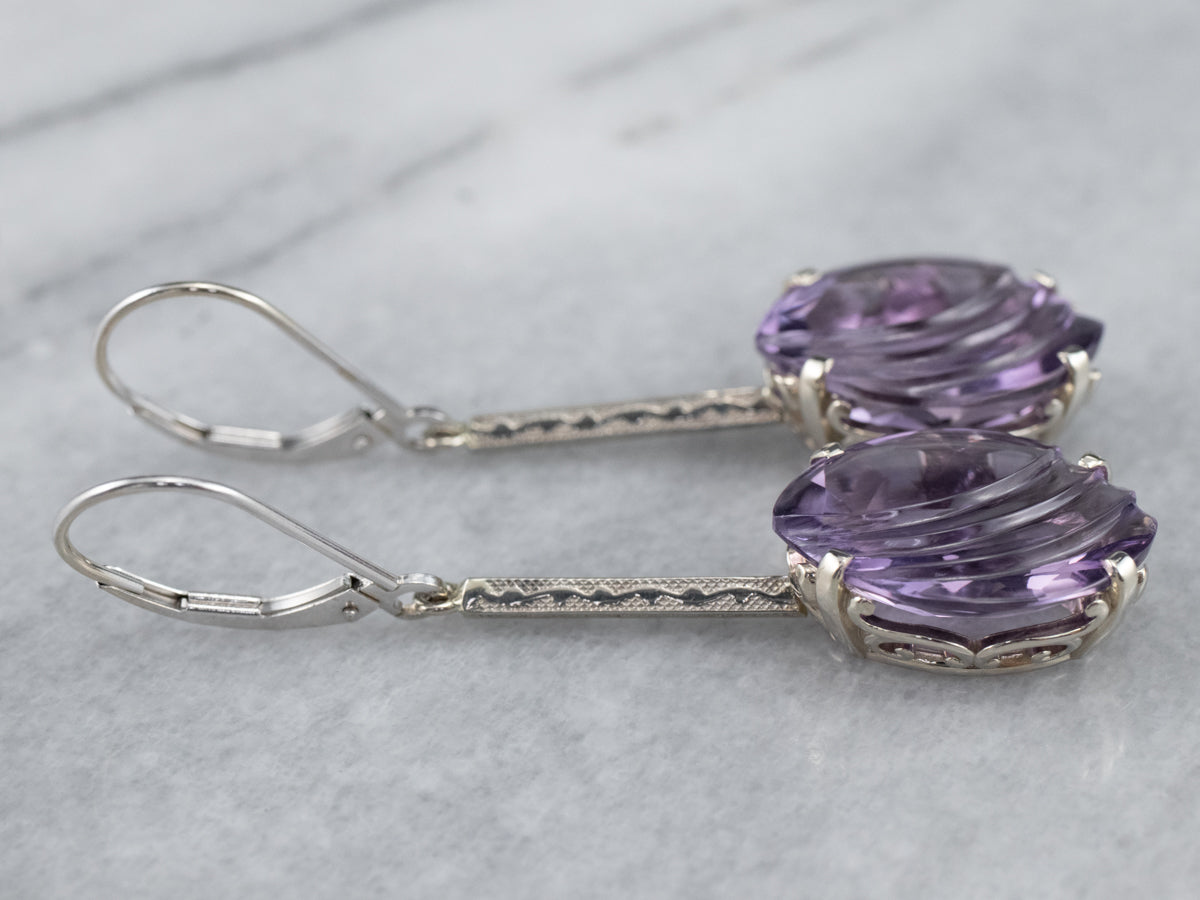 Engraved Bar Drop White Gold Amethyst Earrings