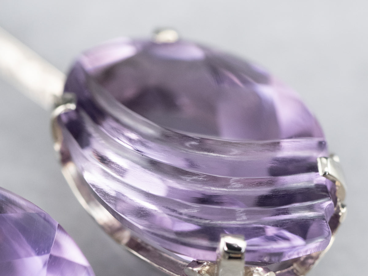 Engraved Bar Drop White Gold Amethyst Earrings