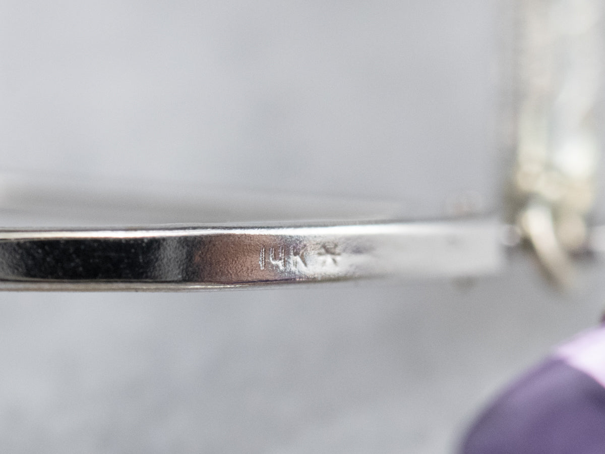 Engraved Bar Drop White Gold Amethyst Earrings