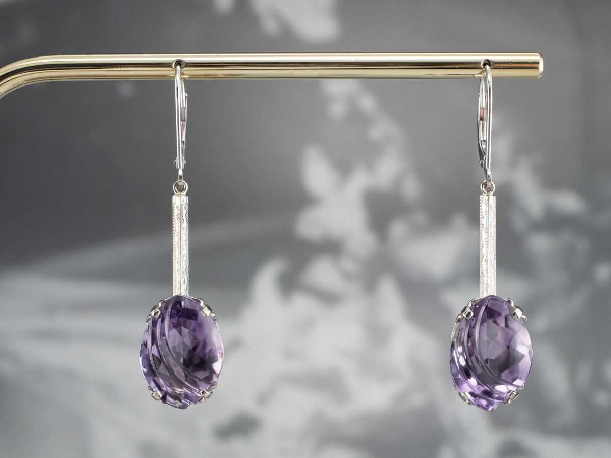 Engraved Bar Drop White Gold Amethyst Earrings