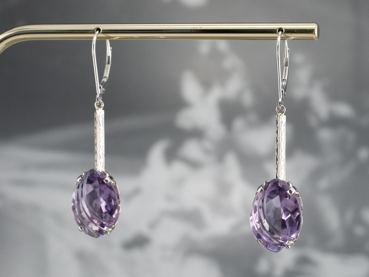Engraved Bar Drop White Gold Amethyst Earrings