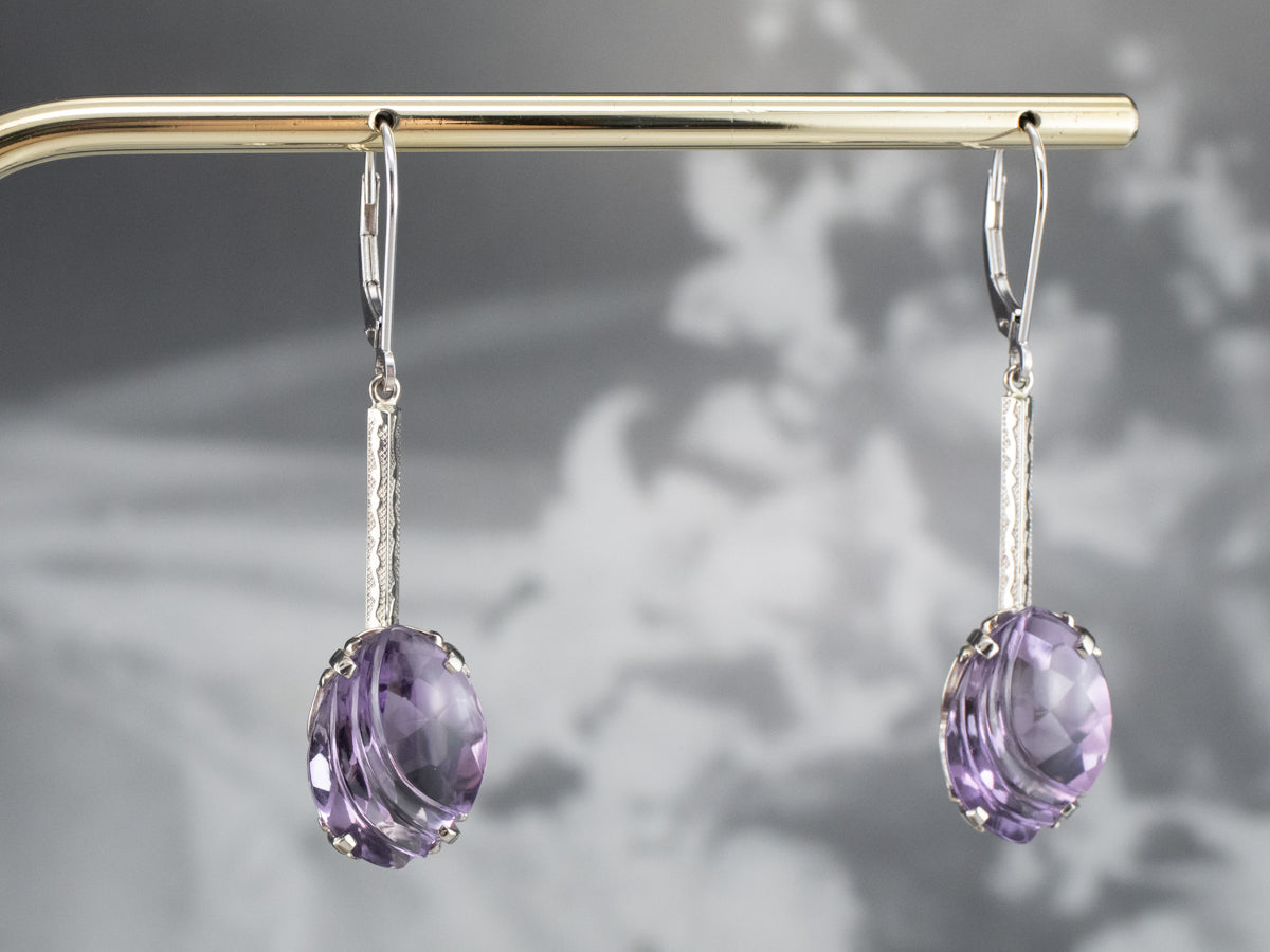 Engraved Bar Drop White Gold Amethyst Earrings